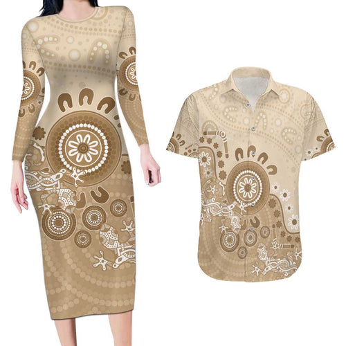 Beige Lizards Australia Couples Matching Long Sleeve Bodycon Dress and Hawaiian Shirt Boomerang Indigenous Art - Aussie Hoodie