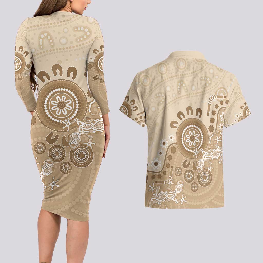 Beige Lizards Australia Couples Matching Long Sleeve Bodycon Dress and Hawaiian Shirt Boomerang Indigenous Art - Aussie Hoodie