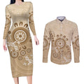 Beige Lizards Australia Couples Matching Long Sleeve Bodycon Dress and Long Sleeve Button Shirt Boomerang Indigenous Art - Aussie Hoodie