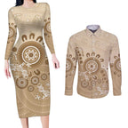Beige Lizards Australia Couples Matching Long Sleeve Bodycon Dress and Long Sleeve Button Shirt Boomerang Indigenous Art - Aussie Hoodie