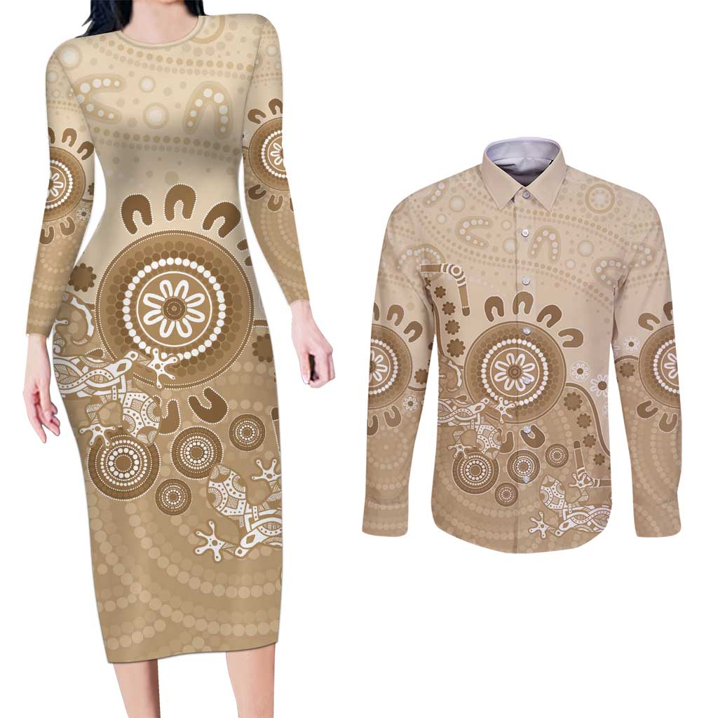 Beige Lizards Australia Couples Matching Long Sleeve Bodycon Dress and Long Sleeve Button Shirt Boomerang Indigenous Art - Aussie Hoodie