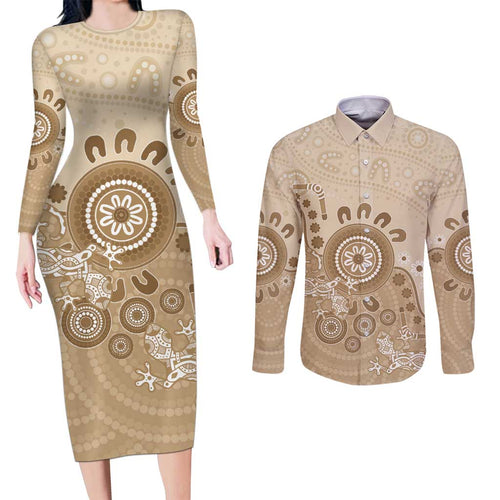 Beige Lizards Australia Couples Matching Long Sleeve Bodycon Dress and Long Sleeve Button Shirt Boomerang Indigenous Art - Aussie Hoodie