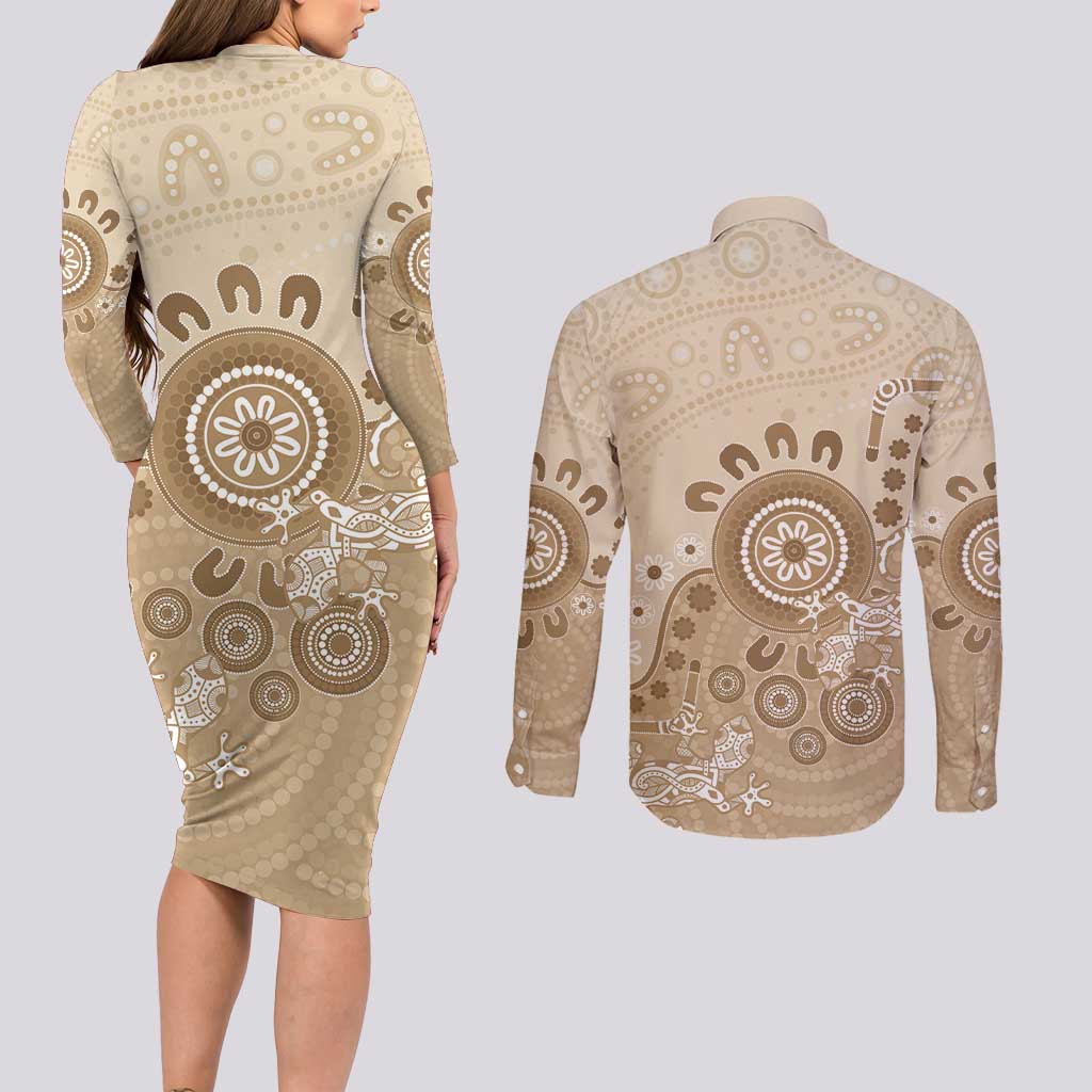 Beige Lizards Australia Couples Matching Long Sleeve Bodycon Dress and Long Sleeve Button Shirt Boomerang Indigenous Art - Aussie Hoodie