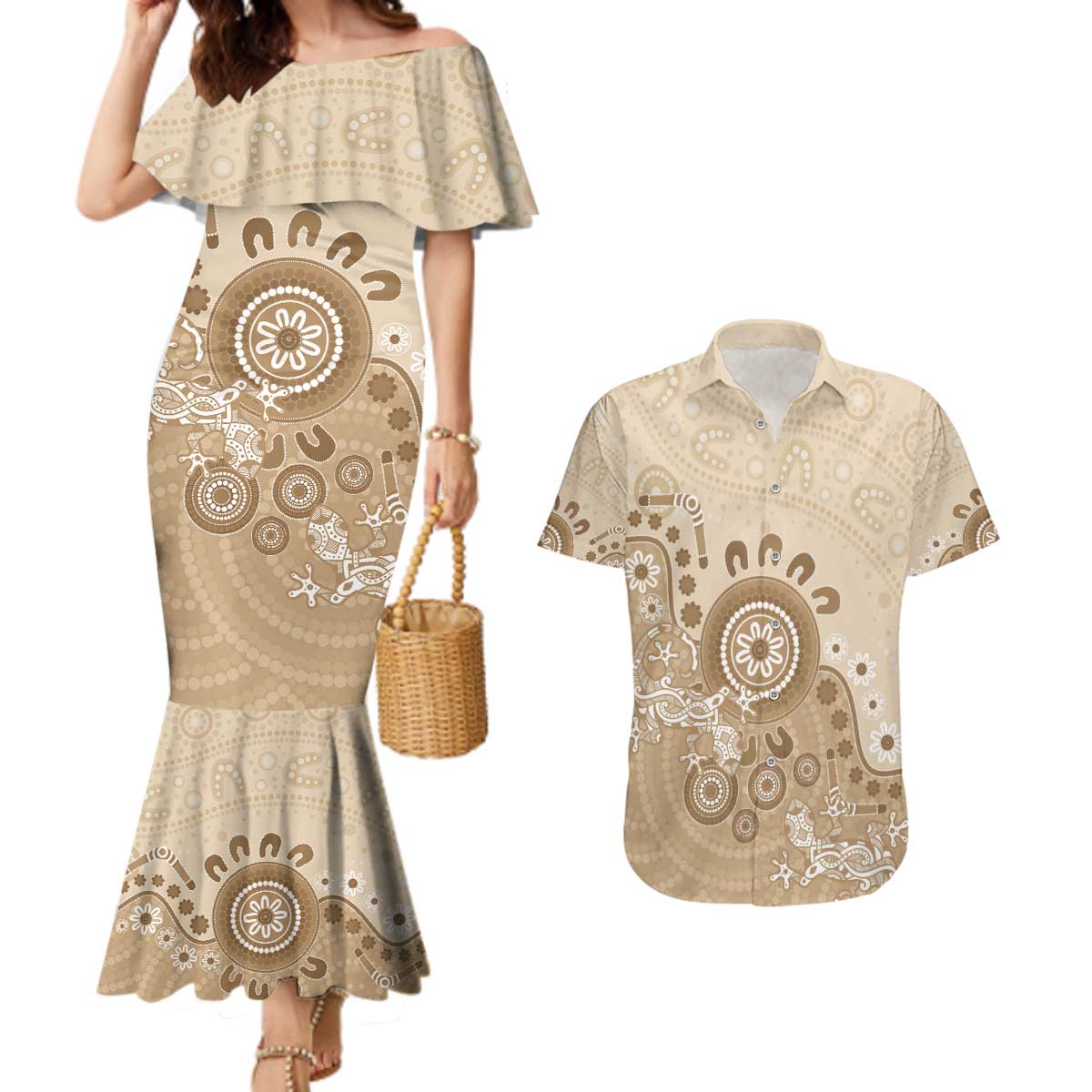 Beige Lizards Australia Couples Matching Mermaid Dress and Hawaiian Shirt Boomerang Indigenous Art - Aussie Hoodie
