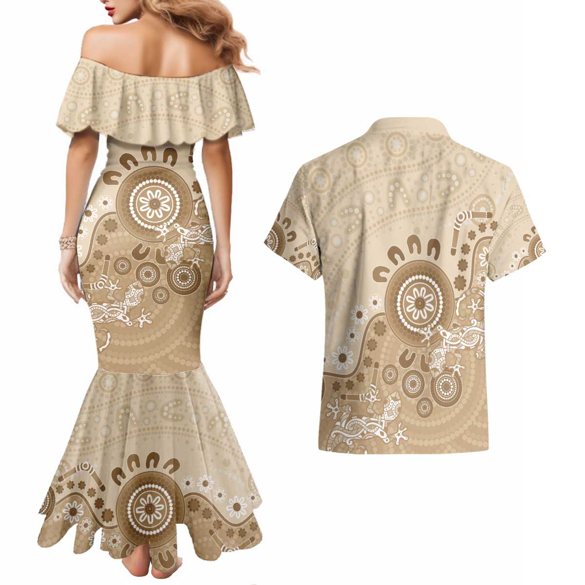 Beige Lizards Australia Couples Matching Mermaid Dress and Hawaiian Shirt Boomerang Indigenous Art - Aussie Hoodie