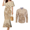 Beige Lizards Australia Couples Matching Mermaid Dress and Long Sleeve Button Shirt Boomerang Indigenous Art - Aussie Hoodie