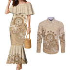 Beige Lizards Australia Couples Matching Mermaid Dress and Long Sleeve Button Shirt Boomerang Indigenous Art - Aussie Hoodie
