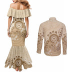 Beige Lizards Australia Couples Matching Mermaid Dress and Long Sleeve Button Shirt Boomerang Indigenous Art - Aussie Hoodie