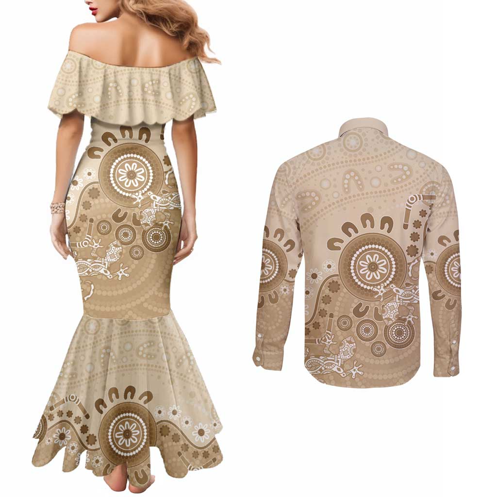 Beige Lizards Australia Couples Matching Mermaid Dress and Long Sleeve Button Shirt Boomerang Indigenous Art - Aussie Hoodie