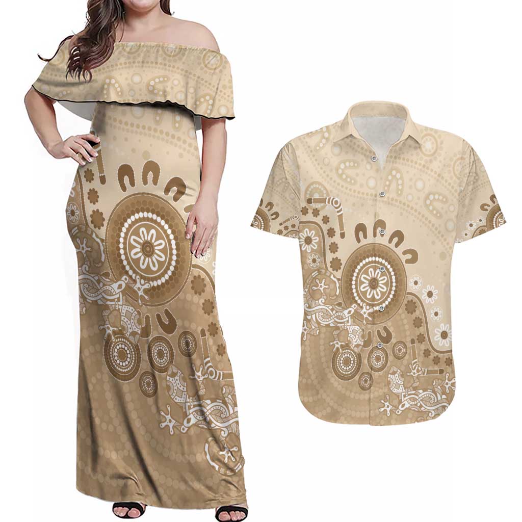 Beige Lizards Australia Couples Matching Off Shoulder Maxi Dress and Hawaiian Shirt Boomerang Indigenous Art - Aussie Hoodie