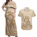Beige Lizards Australia Couples Matching Off Shoulder Maxi Dress and Hawaiian Shirt Boomerang Indigenous Art - Aussie Hoodie