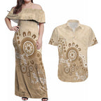 Beige Lizards Australia Couples Matching Off Shoulder Maxi Dress and Hawaiian Shirt Boomerang Indigenous Art - Aussie Hoodie