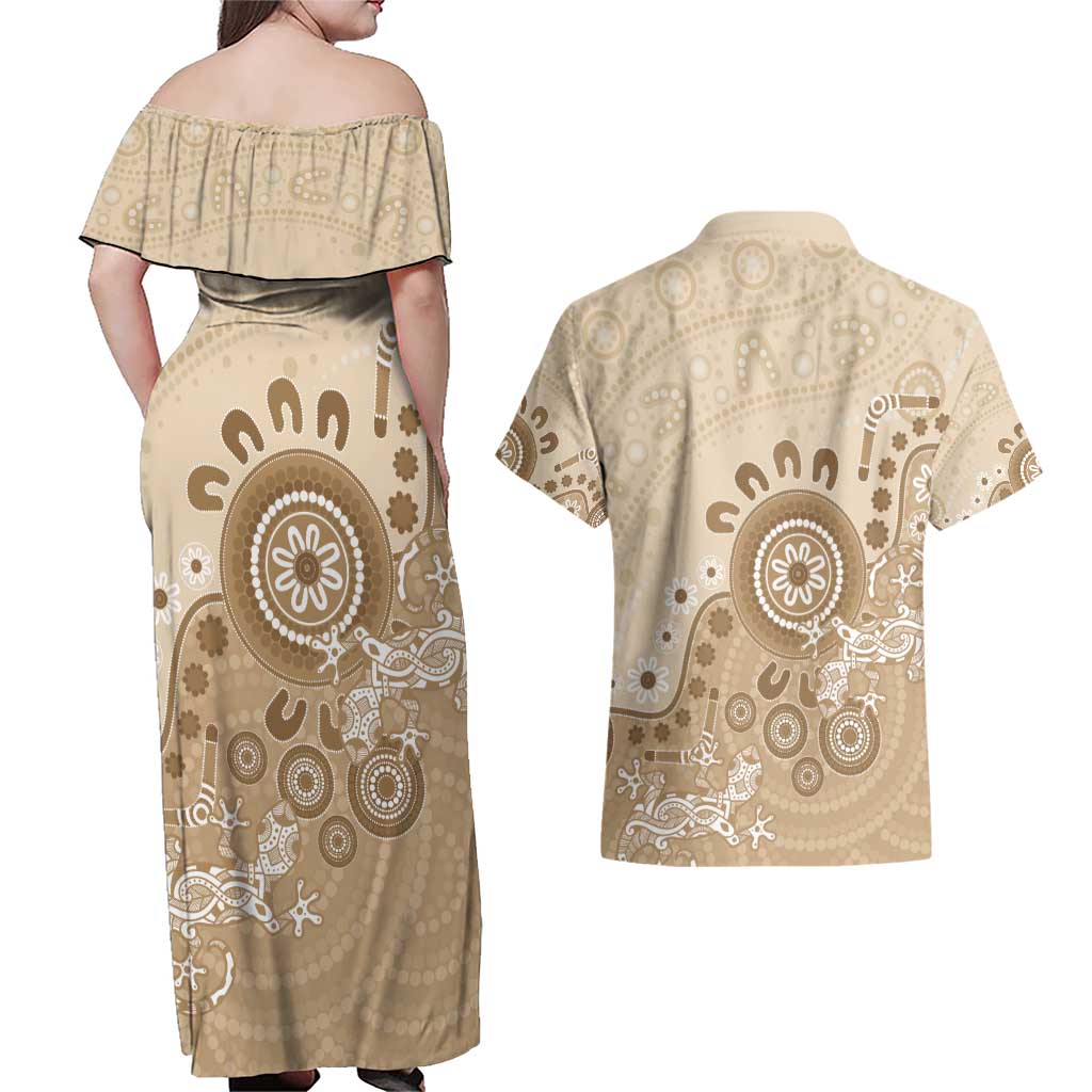 Beige Lizards Australia Couples Matching Off Shoulder Maxi Dress and Hawaiian Shirt Boomerang Indigenous Art - Aussie Hoodie