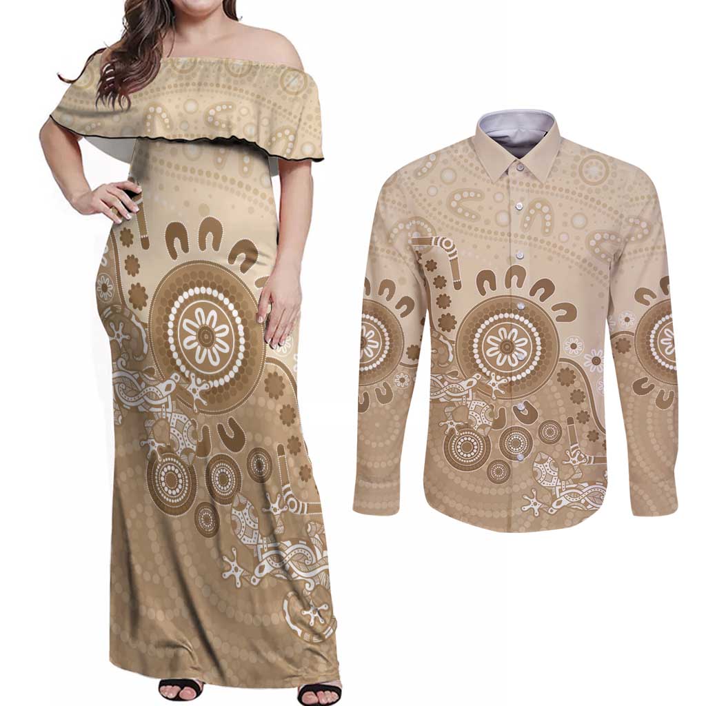Beige Lizards Australia Couples Matching Off Shoulder Maxi Dress and Long Sleeve Button Shirt Boomerang Indigenous Art - Aussie Hoodie