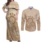 Beige Lizards Australia Couples Matching Off Shoulder Maxi Dress and Long Sleeve Button Shirt Boomerang Indigenous Art - Aussie Hoodie