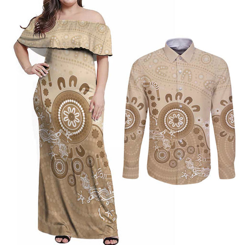 Beige Lizards Australia Couples Matching Off Shoulder Maxi Dress and Long Sleeve Button Shirt Boomerang Indigenous Art - Aussie Hoodie