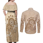 Beige Lizards Australia Couples Matching Off Shoulder Maxi Dress and Long Sleeve Button Shirt Boomerang Indigenous Art - Aussie Hoodie