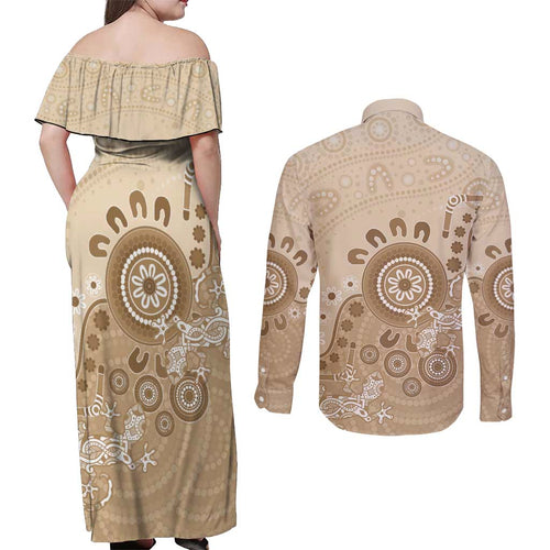 Beige Lizards Australia Couples Matching Off Shoulder Maxi Dress and Long Sleeve Button Shirt Boomerang Indigenous Art - Aussie Hoodie