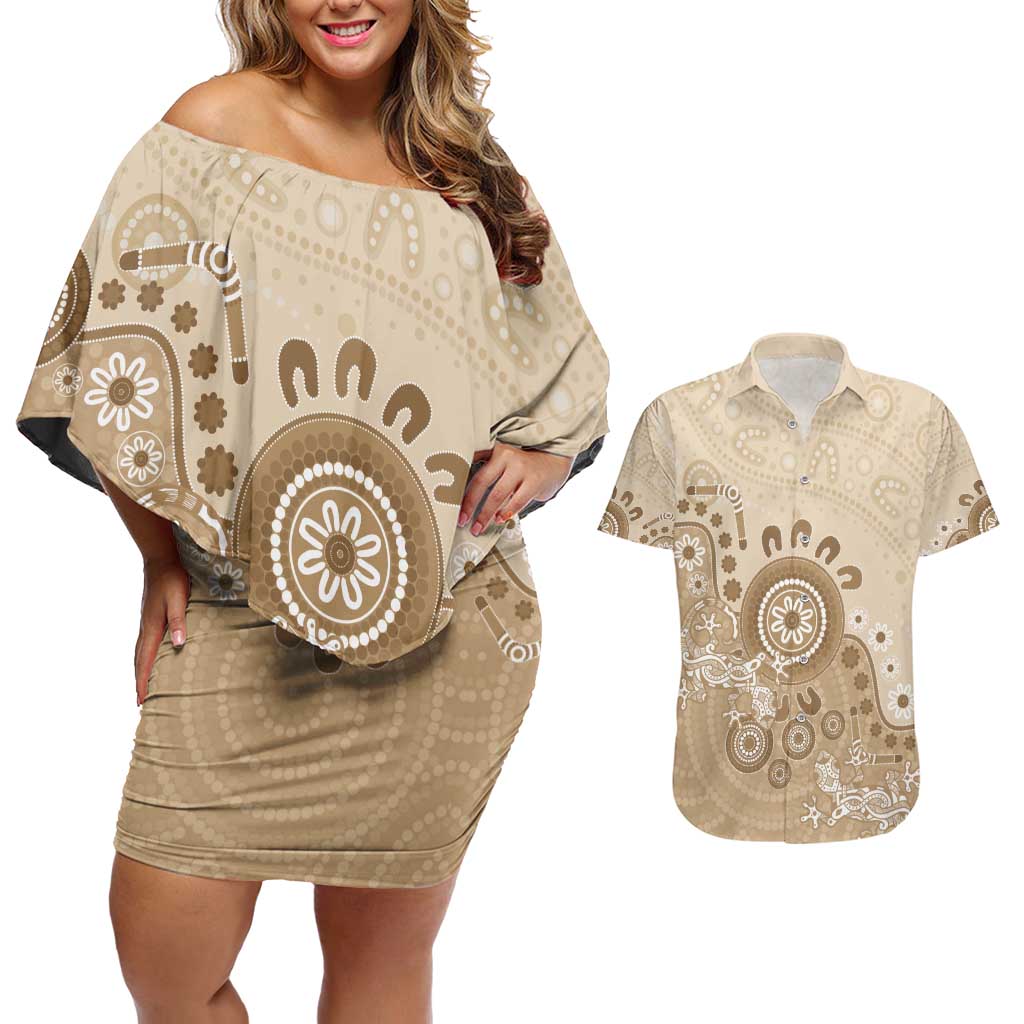 Beige Lizards Australia Couples Matching Off Shoulder Short Dress and Hawaiian Shirt Boomerang Indigenous Art - Aussie Hoodie