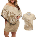 Beige Lizards Australia Couples Matching Off Shoulder Short Dress and Hawaiian Shirt Boomerang Indigenous Art - Aussie Hoodie