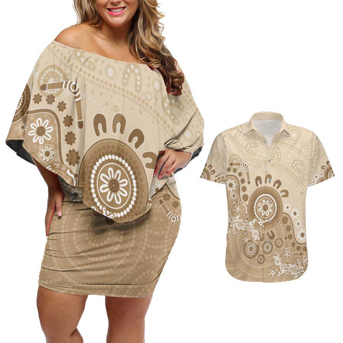 Beige Lizards Australia Couples Matching Off Shoulder Short Dress and Hawaiian Shirt Boomerang Indigenous Art - Aussie Hoodie