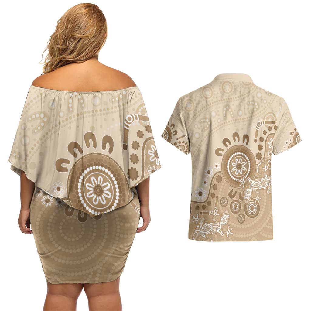 Beige Lizards Australia Couples Matching Off Shoulder Short Dress and Hawaiian Shirt Boomerang Indigenous Art - Aussie Hoodie