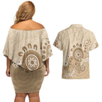 Beige Lizards Australia Couples Matching Off Shoulder Short Dress and Hawaiian Shirt Boomerang Indigenous Art - Aussie Hoodie