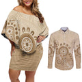 Beige Lizards Australia Couples Matching Off Shoulder Short Dress and Long Sleeve Button Shirt Boomerang Indigenous Art - Aussie Hoodie