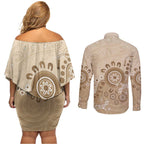 Beige Lizards Australia Couples Matching Off Shoulder Short Dress and Long Sleeve Button Shirt Boomerang Indigenous Art - Aussie Hoodie