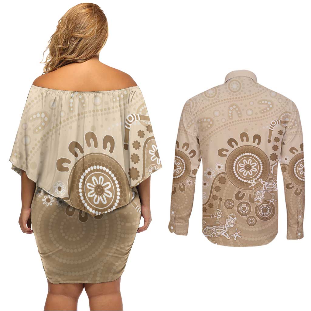 Beige Lizards Australia Couples Matching Off Shoulder Short Dress and Long Sleeve Button Shirt Boomerang Indigenous Art - Aussie Hoodie