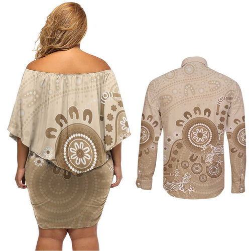 Beige Lizards Australia Couples Matching Off Shoulder Short Dress and Long Sleeve Button Shirt Boomerang Indigenous Art - Aussie Hoodie