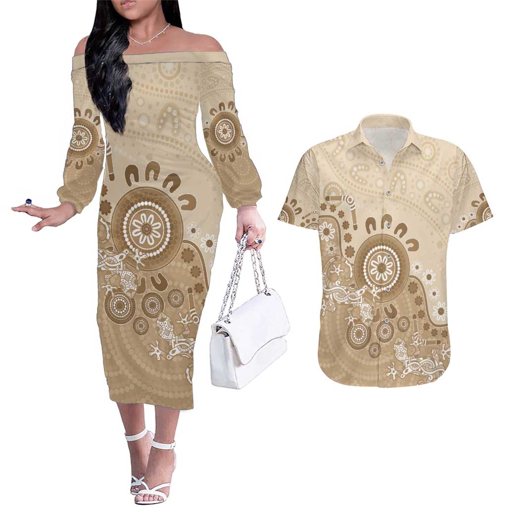 Beige Lizards Australia Couples Matching Off The Shoulder Long Sleeve Dress and Hawaiian Shirt Boomerang Indigenous Art - Aussie Hoodie