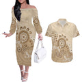 Beige Lizards Australia Couples Matching Off The Shoulder Long Sleeve Dress and Hawaiian Shirt Boomerang Indigenous Art - Aussie Hoodie