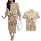 Beige Lizards Australia Couples Matching Off The Shoulder Long Sleeve Dress and Hawaiian Shirt Boomerang Indigenous Art - Aussie Hoodie