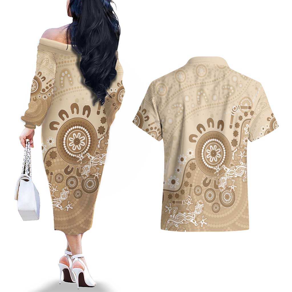 Beige Lizards Australia Couples Matching Off The Shoulder Long Sleeve Dress and Hawaiian Shirt Boomerang Indigenous Art - Aussie Hoodie