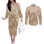 Beige Lizards Australia Couples Matching Off The Shoulder Long Sleeve Dress and Long Sleeve Button Shirt Boomerang Indigenous Art - Aussie Hoodie