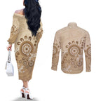 Beige Lizards Australia Couples Matching Off The Shoulder Long Sleeve Dress and Long Sleeve Button Shirt Boomerang Indigenous Art - Aussie Hoodie