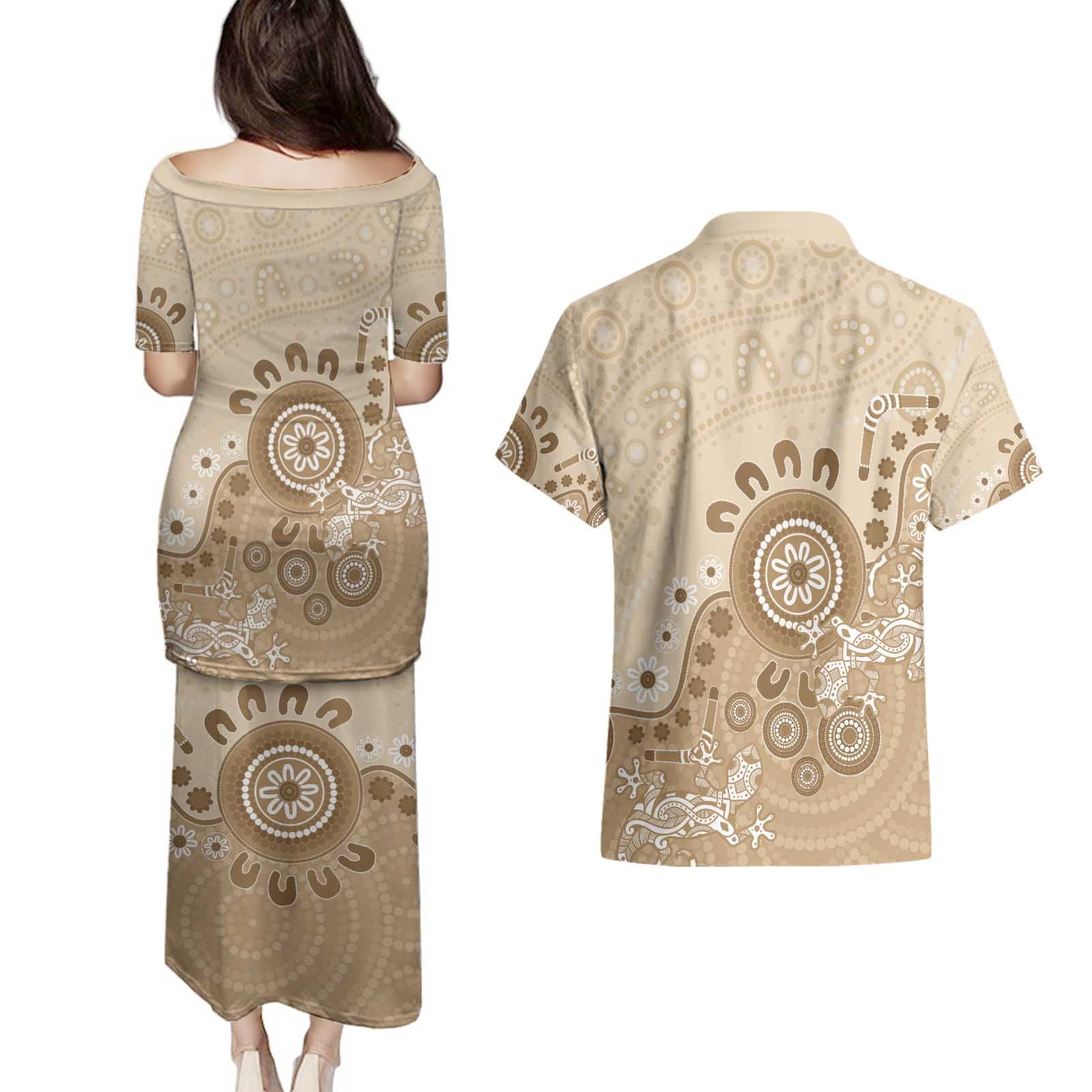 Beige Lizards Australia Couples Matching Puletasi and Hawaiian Shirt Boomerang Indigenous Art - Aussie Hoodie