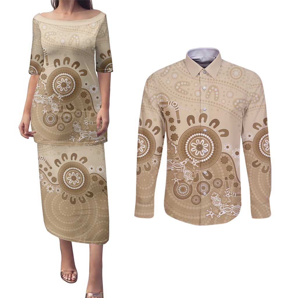 Beige Lizards Australia Couples Matching Puletasi and Long Sleeve Button Shirt Boomerang Indigenous Art - Aussie Hoodie