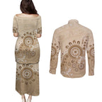 Beige Lizards Australia Couples Matching Puletasi and Long Sleeve Button Shirt Boomerang Indigenous Art - Aussie Hoodie