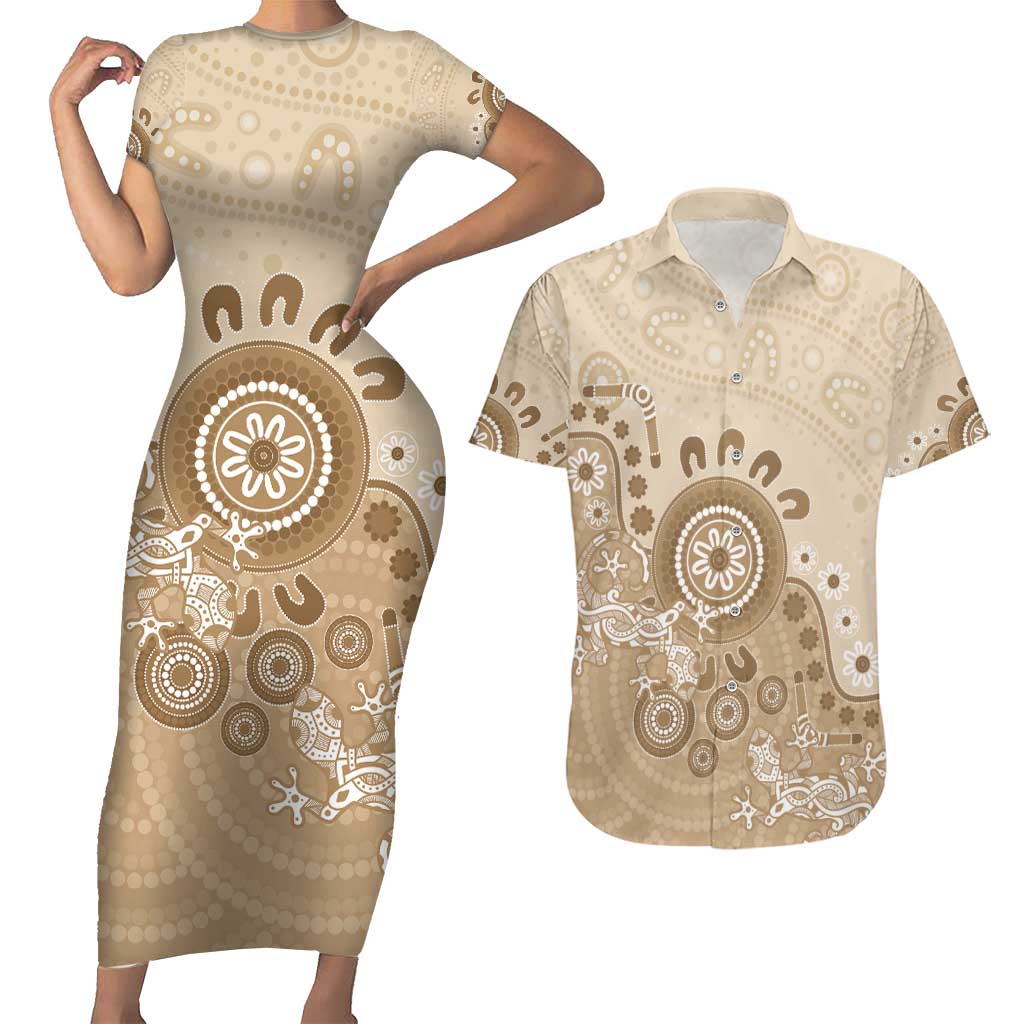 Beige Lizards Australia Couples Matching Short Sleeve Bodycon Dress and Hawaiian Shirt Boomerang Indigenous Art - Aussie Hoodie