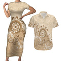Beige Lizards Australia Couples Matching Short Sleeve Bodycon Dress and Hawaiian Shirt Boomerang Indigenous Art - Aussie Hoodie