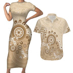 Beige Lizards Australia Couples Matching Short Sleeve Bodycon Dress and Hawaiian Shirt Boomerang Indigenous Art - Aussie Hoodie