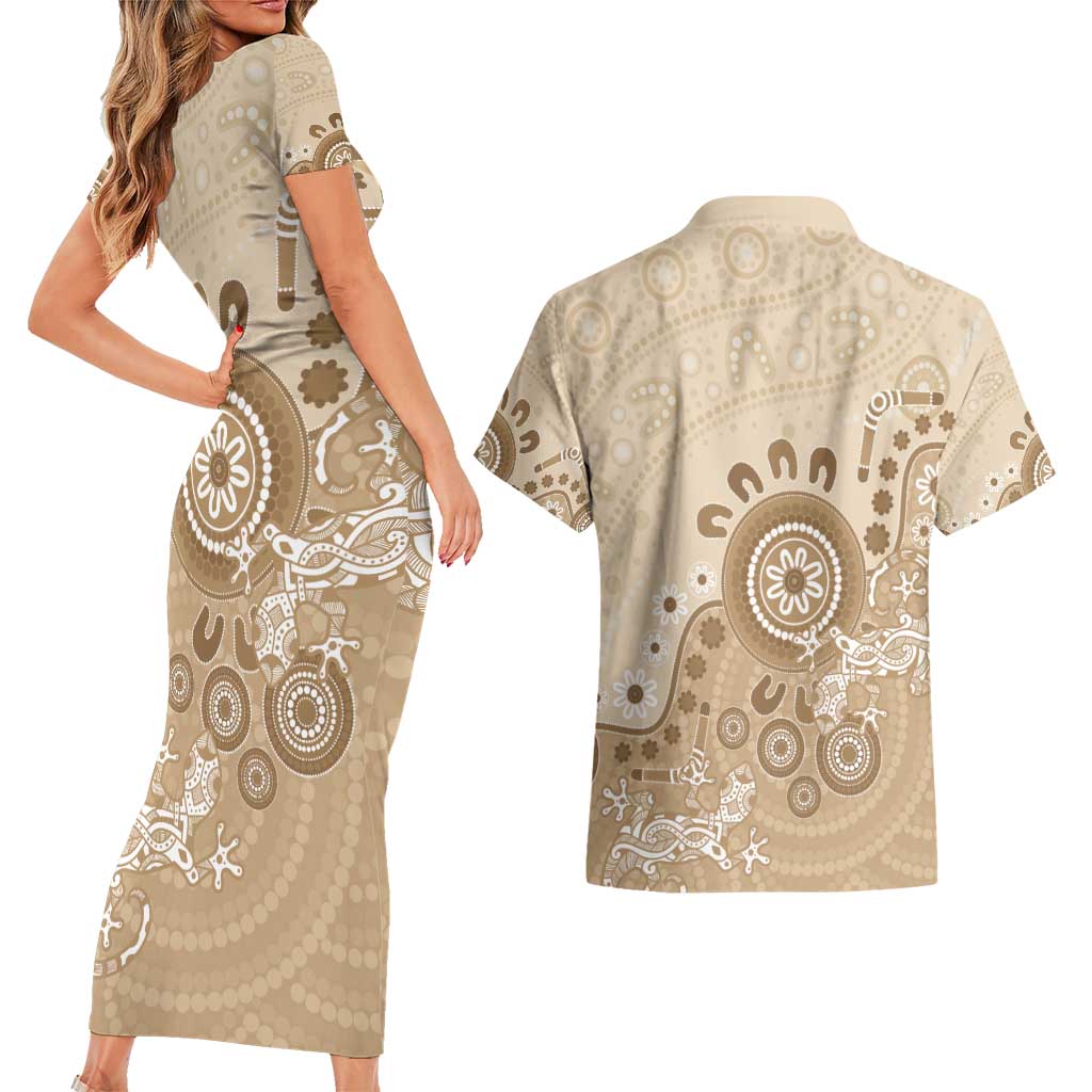 Beige Lizards Australia Couples Matching Short Sleeve Bodycon Dress and Hawaiian Shirt Boomerang Indigenous Art - Aussie Hoodie