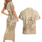 Beige Lizards Australia Couples Matching Short Sleeve Bodycon Dress and Hawaiian Shirt Boomerang Indigenous Art - Aussie Hoodie