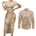 Beige Lizards Australia Couples Matching Short Sleeve Bodycon Dress and Long Sleeve Button Shirt Boomerang Indigenous Art - Aussie Hoodie