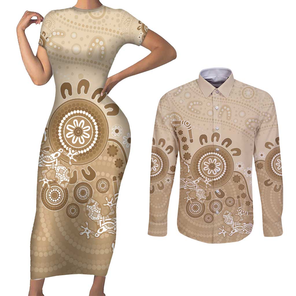 Beige Lizards Australia Couples Matching Short Sleeve Bodycon Dress and Long Sleeve Button Shirt Boomerang Indigenous Art - Aussie Hoodie