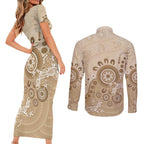 Beige Lizards Australia Couples Matching Short Sleeve Bodycon Dress and Long Sleeve Button Shirt Boomerang Indigenous Art - Aussie Hoodie