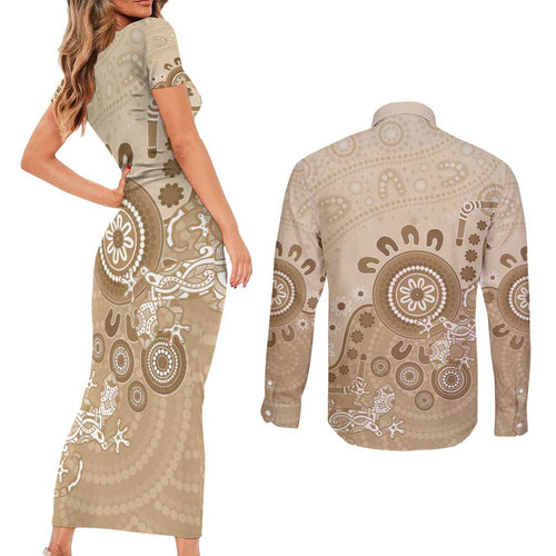 Beige Lizards Australia Couples Matching Short Sleeve Bodycon Dress and Long Sleeve Button Shirt Boomerang Indigenous Art - Aussie Hoodie