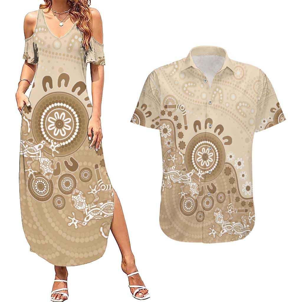 Beige Lizards Australia Couples Matching Summer Maxi Dress and Hawaiian Shirt Boomerang Indigenous Art - Aussie Hoodie